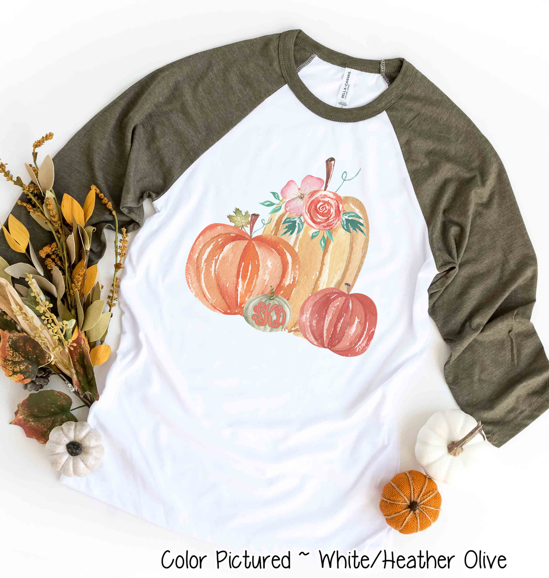 Monogram Watercolor Pumpkin Fall Raglan Tee