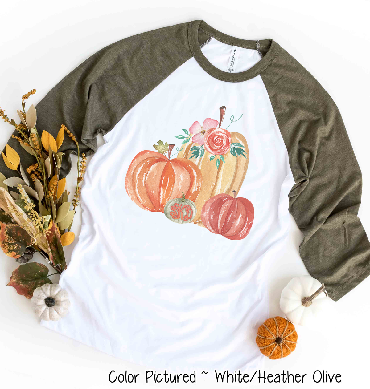 Monogram Watercolor Pumpkin Fall Raglan Tee
