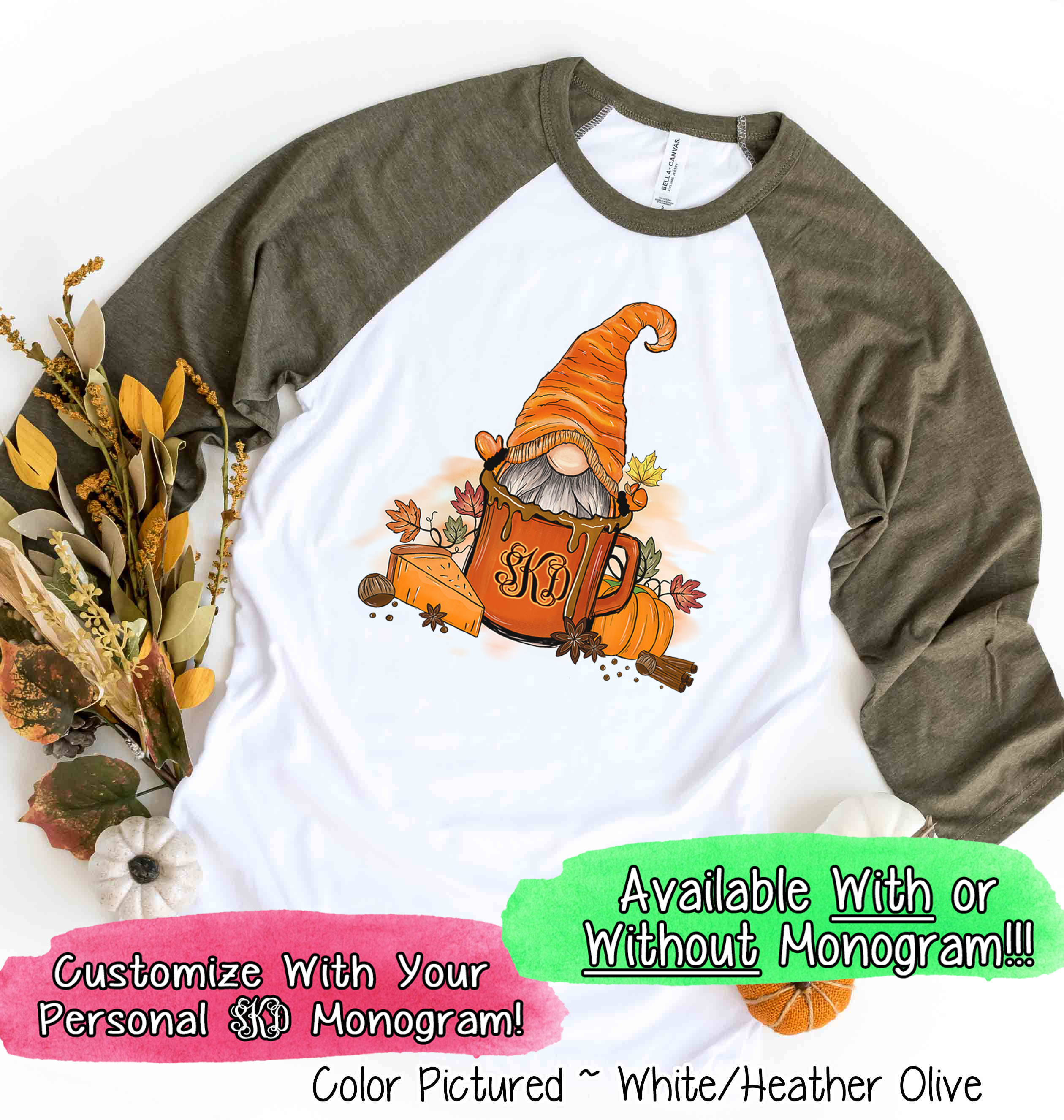 Monogram Gnome Pumpkin Spice Coffee Fall Raglan Tee