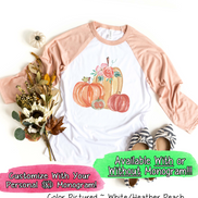Monogram Watercolor Pumpkin Fall Raglan Tee