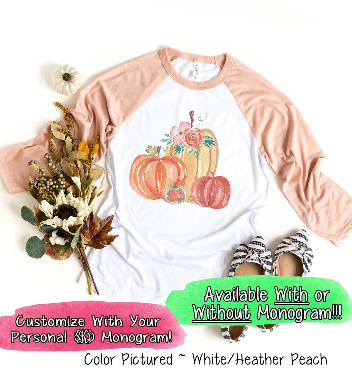 Monogram Watercolor Pumpkin Fall Raglan Tee