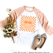 Retro Smile Pumpkin Checkerboard Fall Raglan Tee