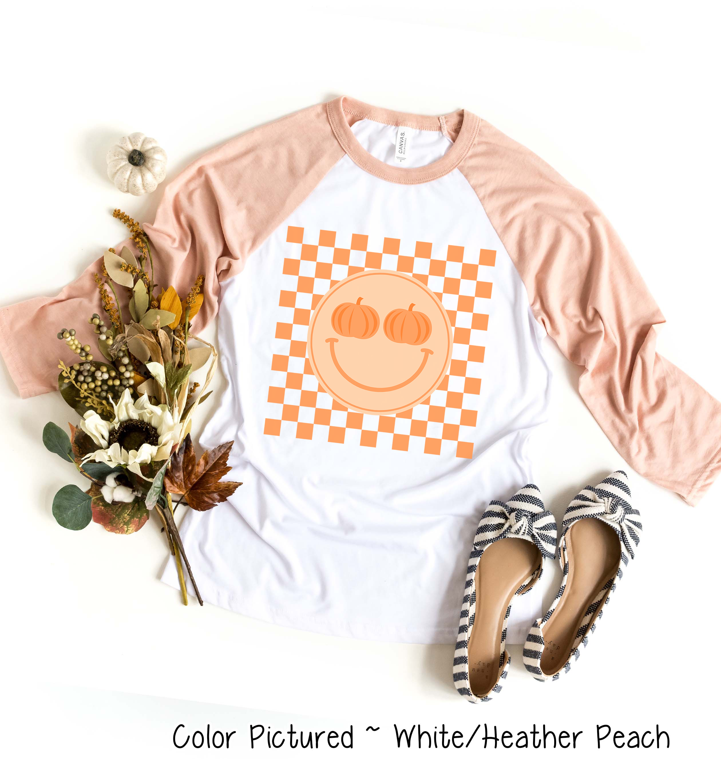 Retro Smile Pumpkin Checkerboard Fall Raglan Tee