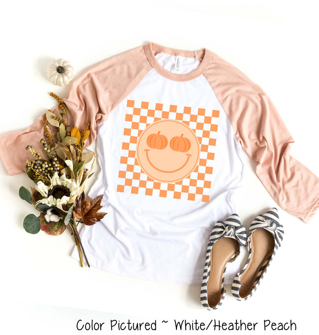 Retro Smile Pumpkin Checkerboard Fall Raglan Tee