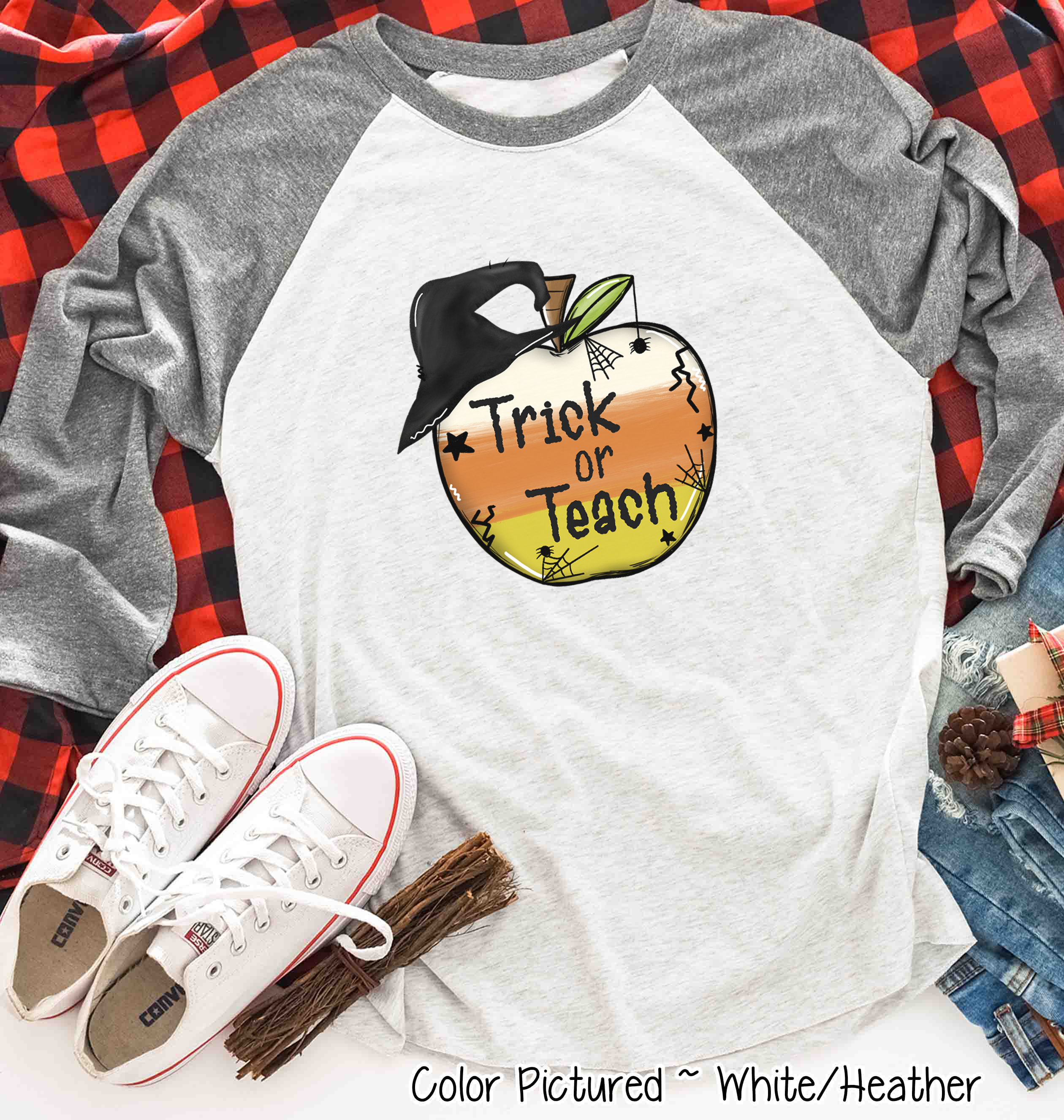 Trick or Teach Candy Corn Apple Halloween Teacher Raglan Shirt