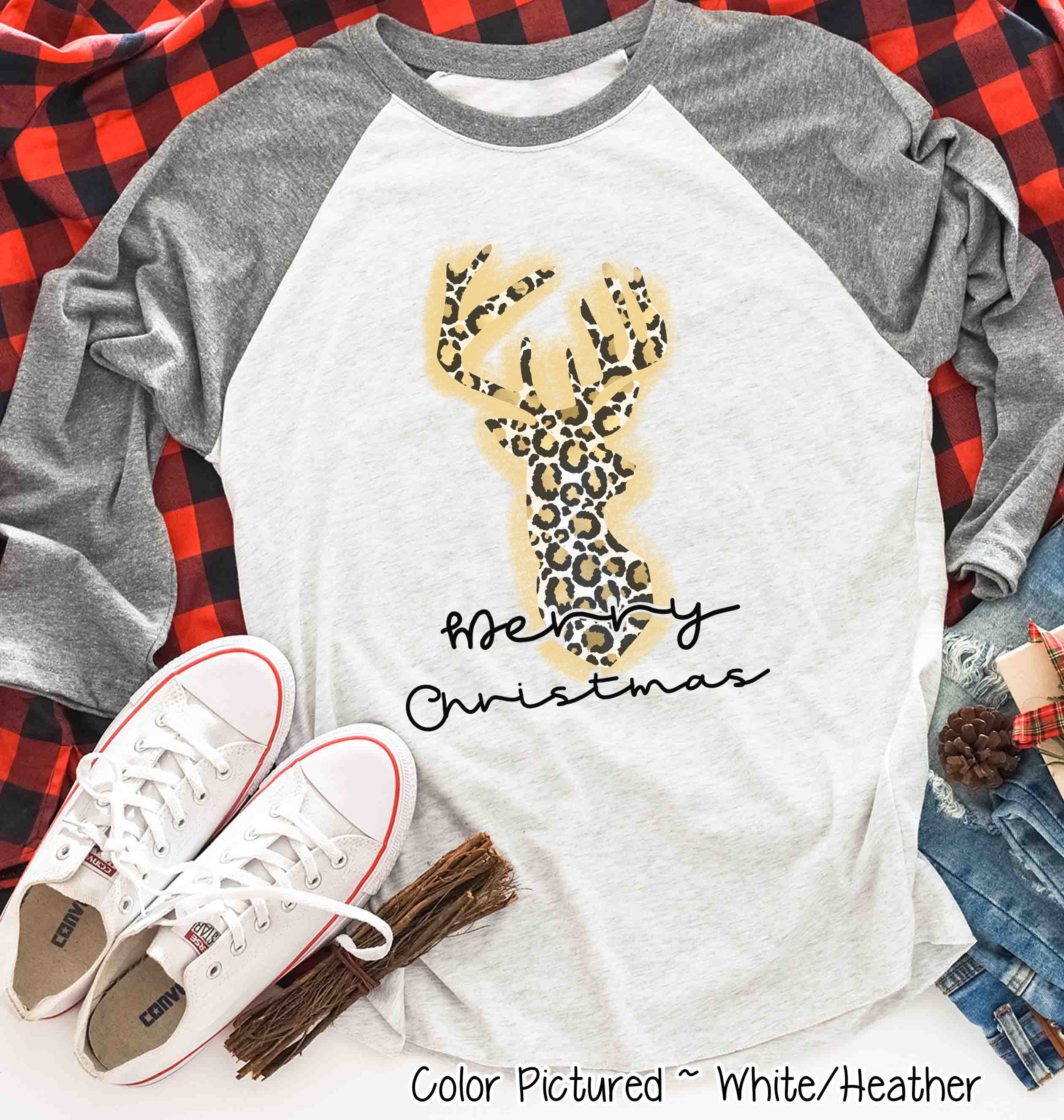 Leopard Print Reindeer Merry Christmas Raglan Tee
