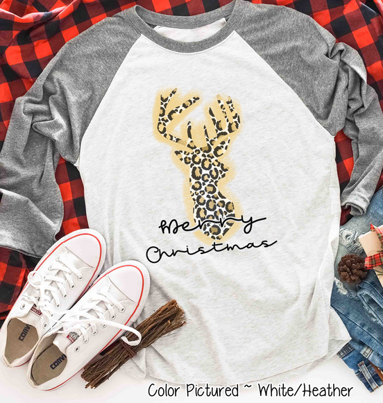 Leopard Print Reindeer Merry Christmas Raglan Tee