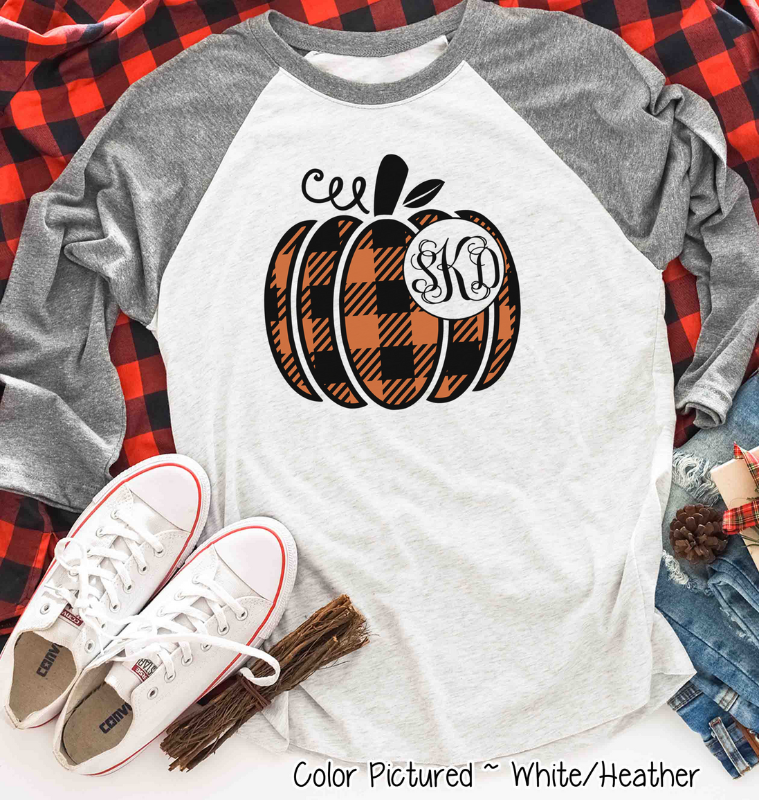 Orange & Black Plaid Monogram Pumpkin Raglan Tee