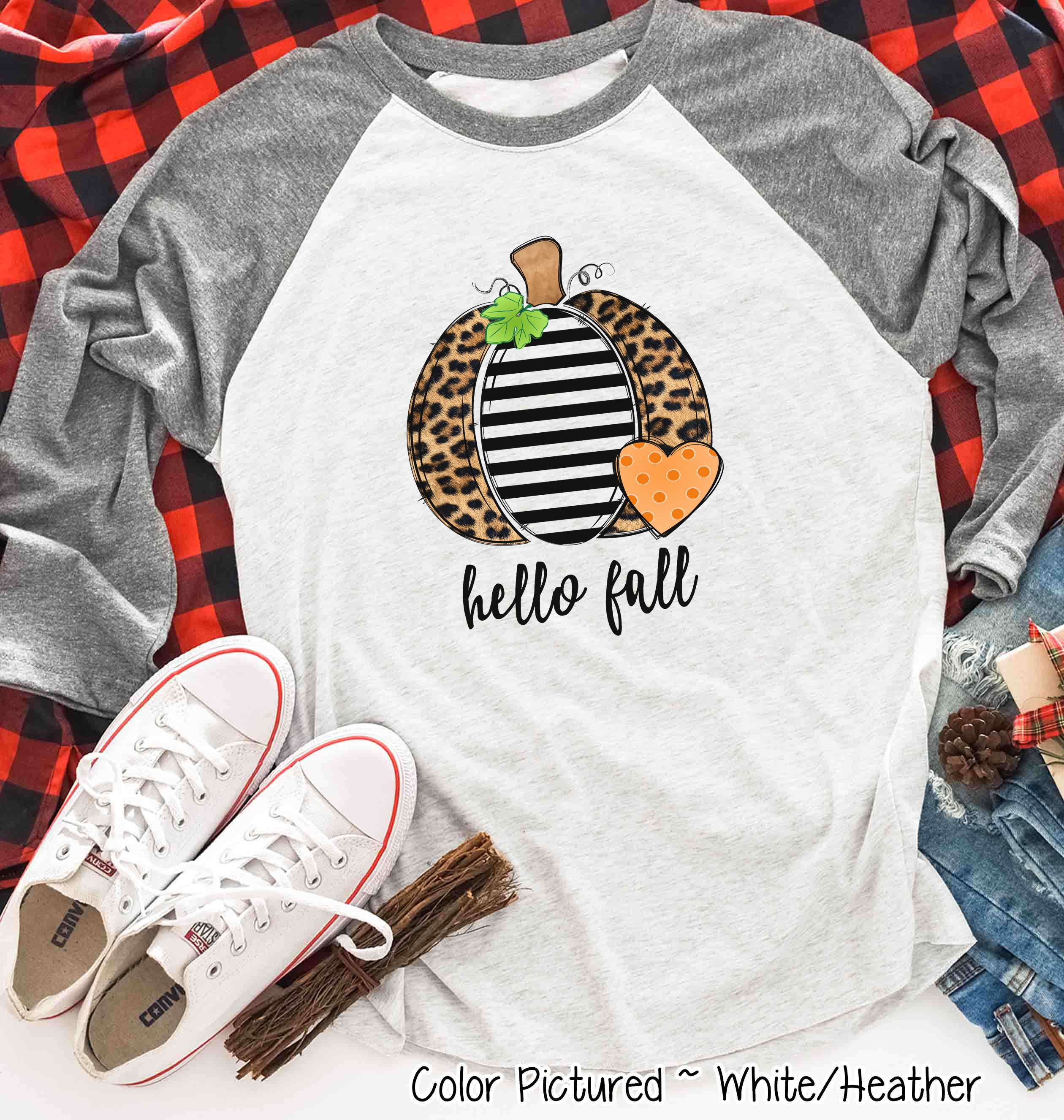 Hello Fall Leopard Print Pumpkin Fall Raglan Shirt