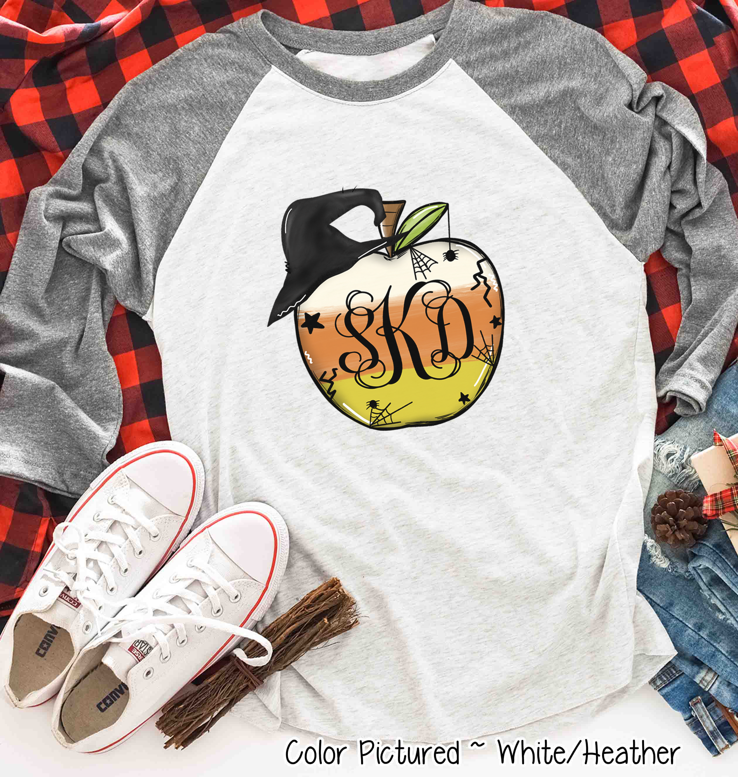 Monogramed Candy Corn Apple Halloween Teacher Raglan Tee