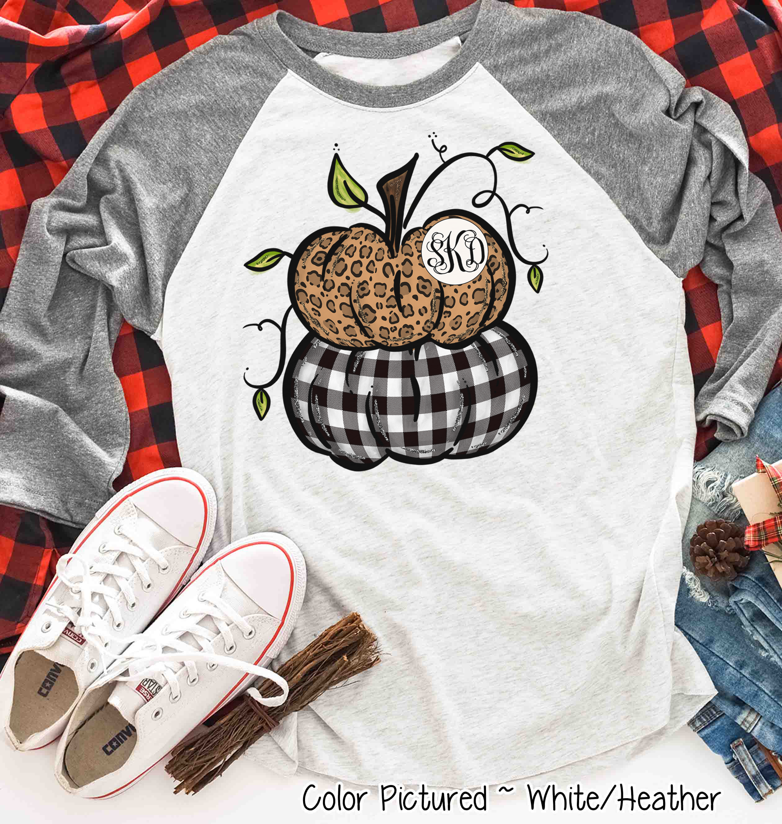 Leopard & Black Plaid Stacked Monogram Pumpkins Raglan Tee