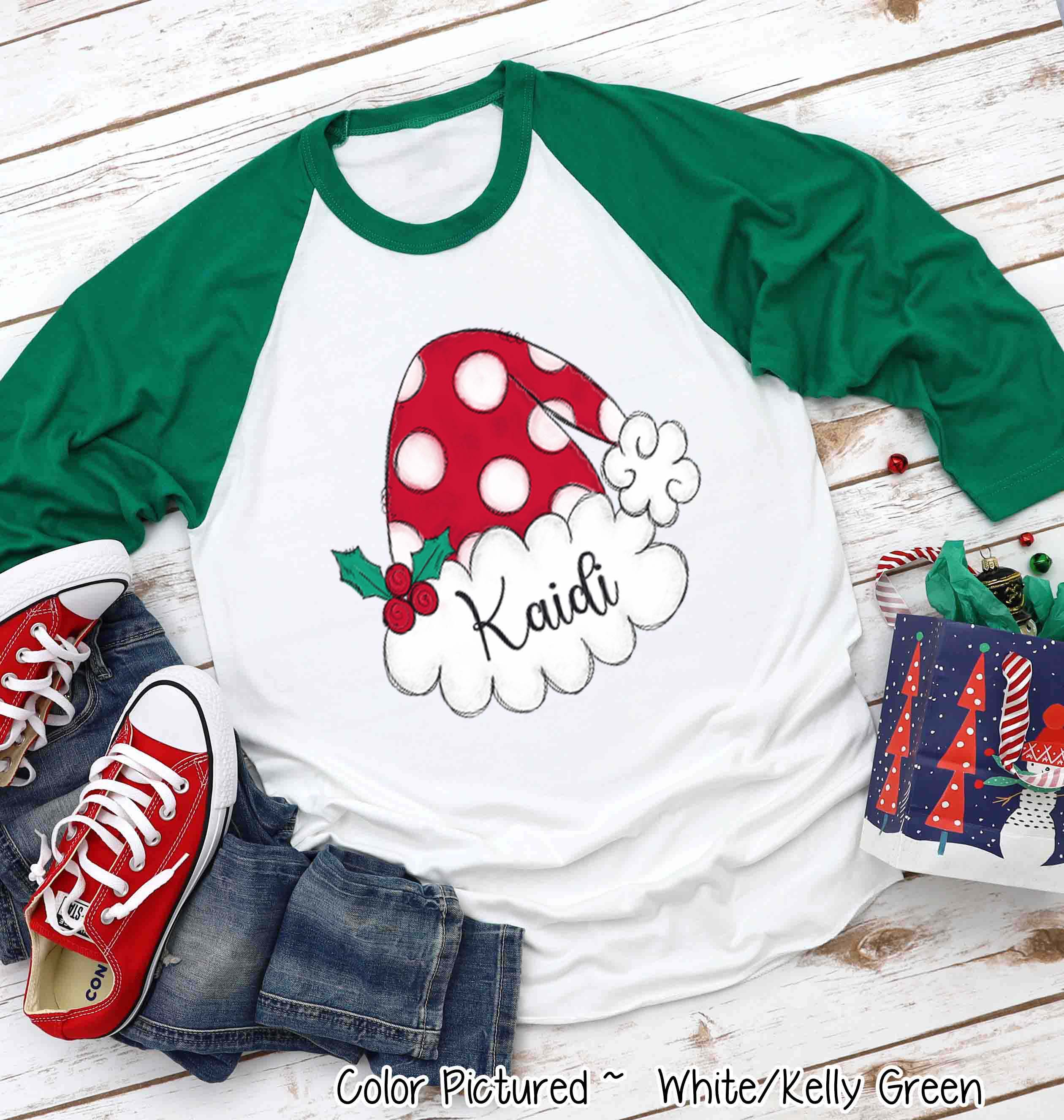 Personalized Family Matching Group Polk A Dot Santa Hat Raglan Tee