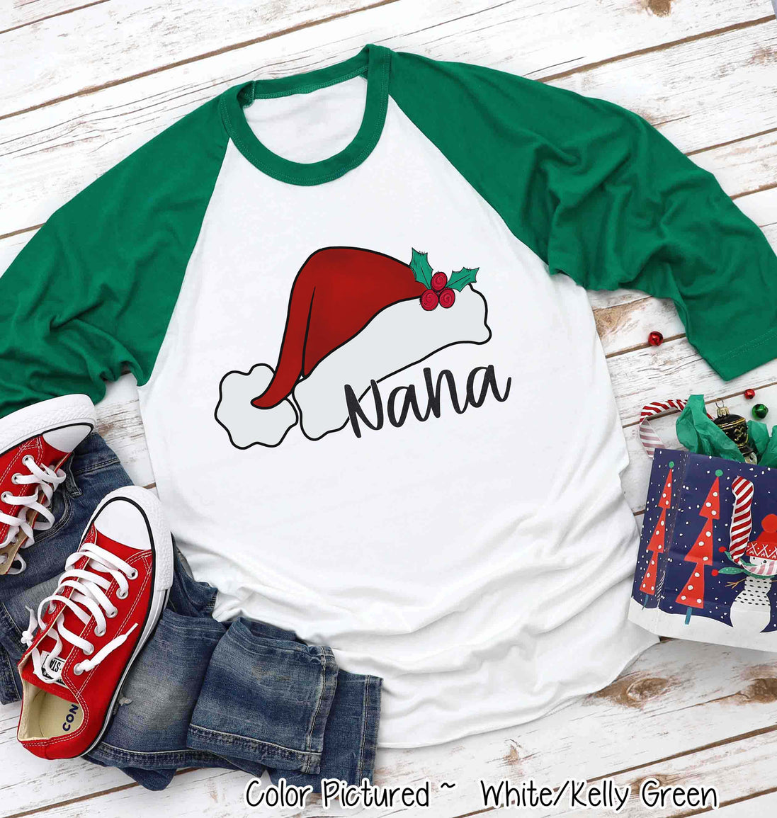 Personalized Family Matching Group Red Santa Hat Raglan Tee
