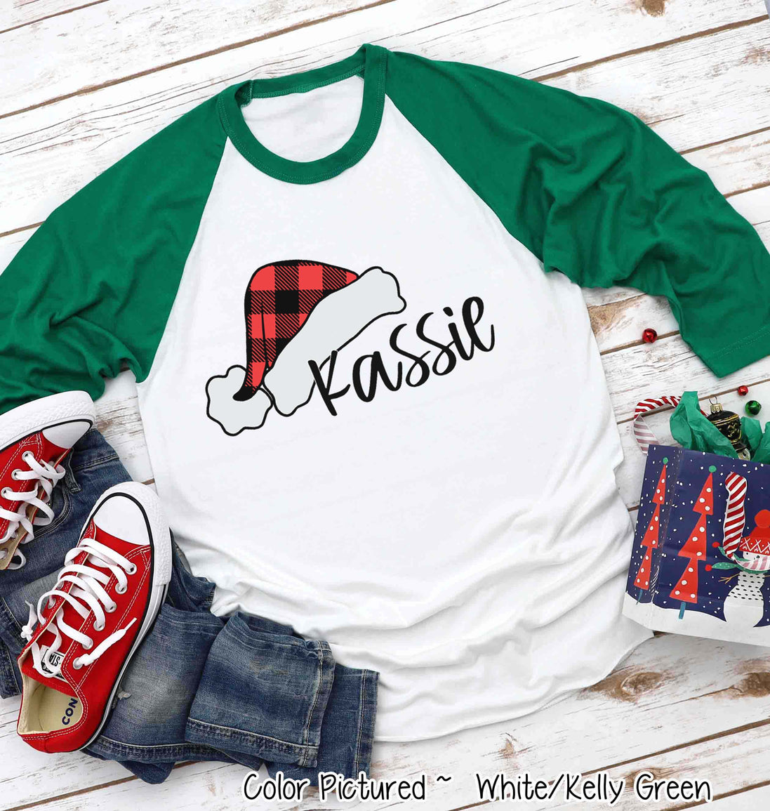 Personalized Family Matching Group Buffalo Plaid Santa Hat Raglan Tee
