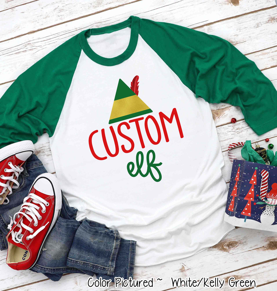 Personalized Family Matching Group Elf Christmas Raglan Tee