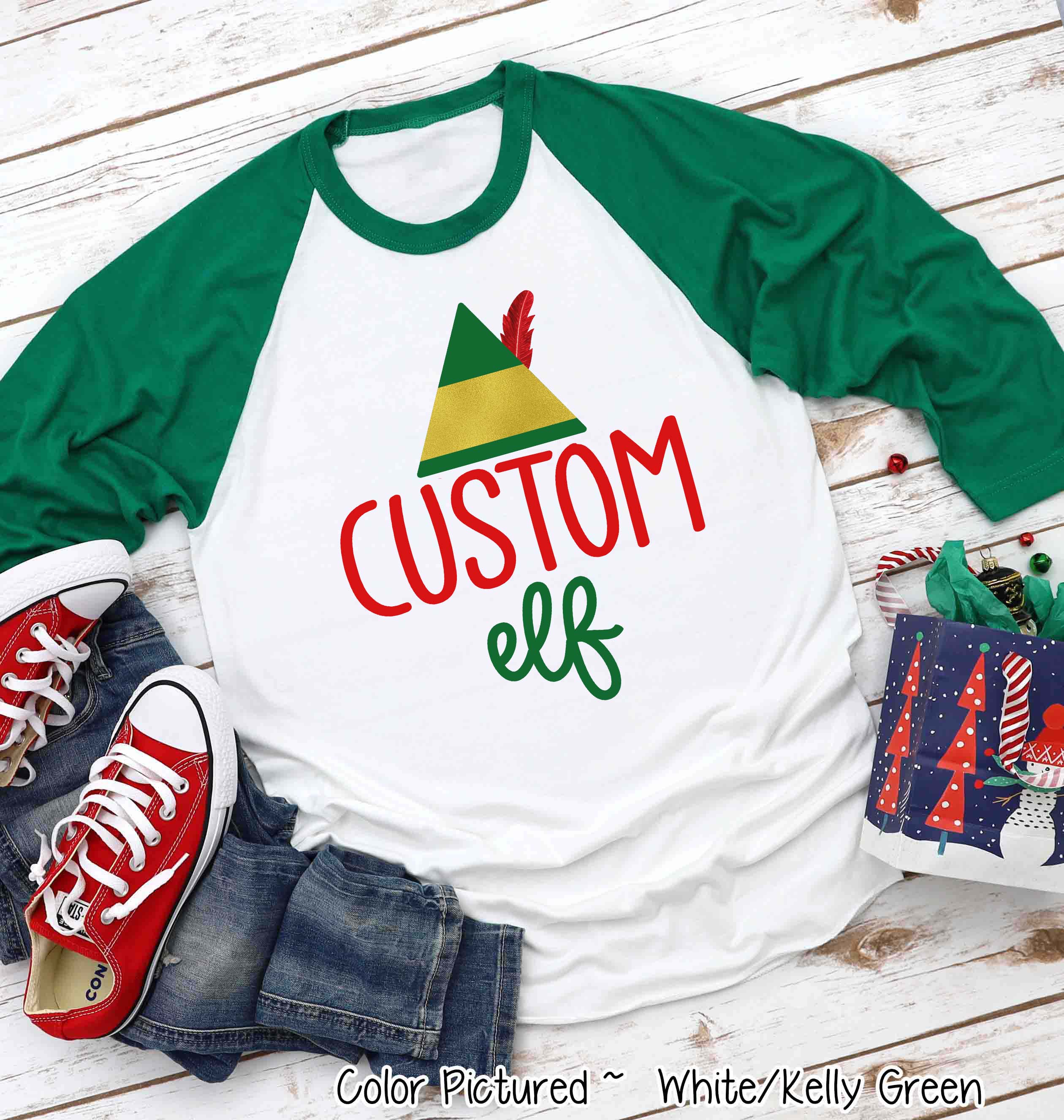 Personalized Family Matching Group Elf Christmas Raglan Tee