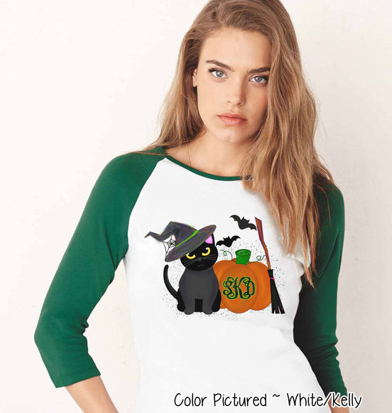 Monogram Black Cat & Pumpkin Halloween Raglan Tee