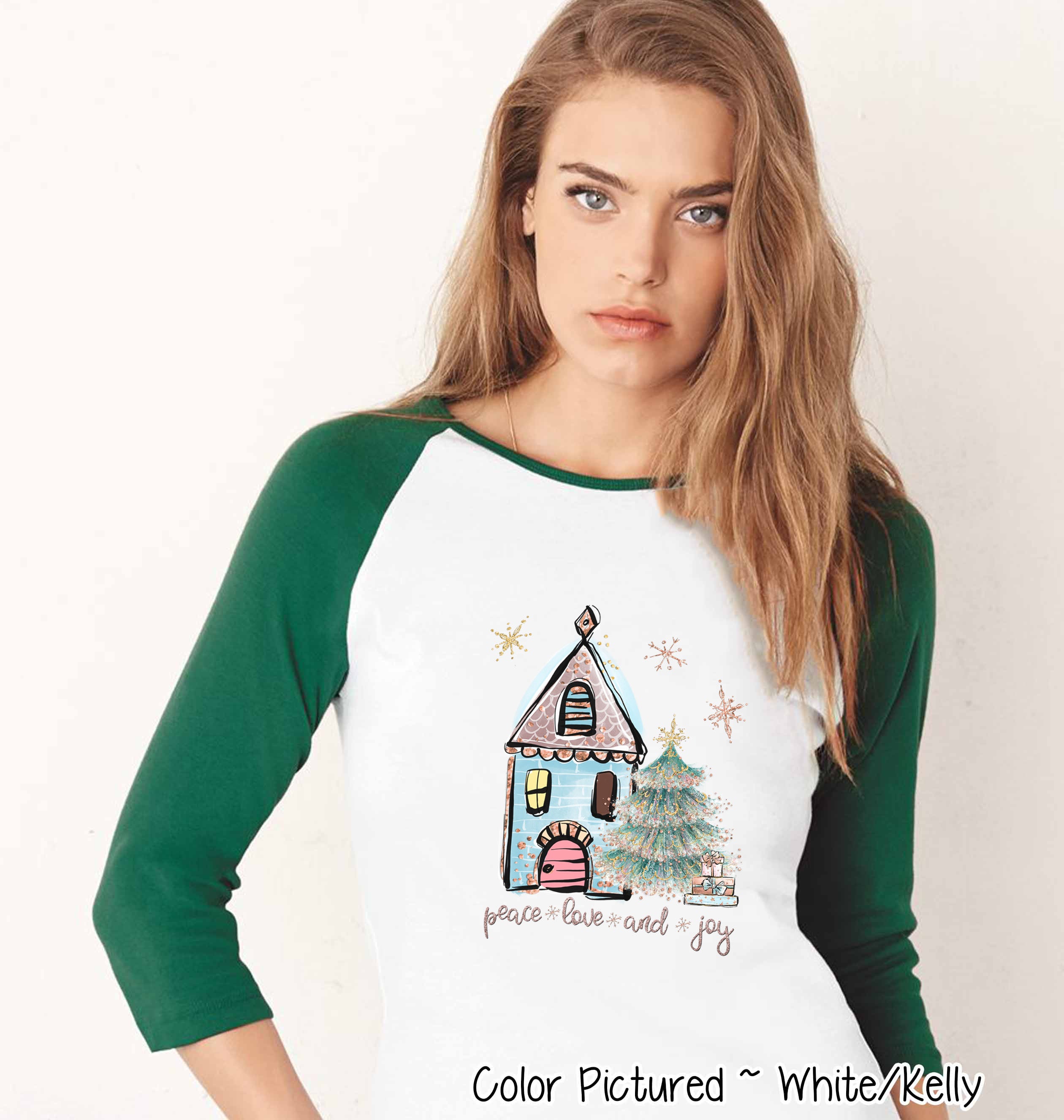 Peace Love Joy House Christmas Raglan Tee