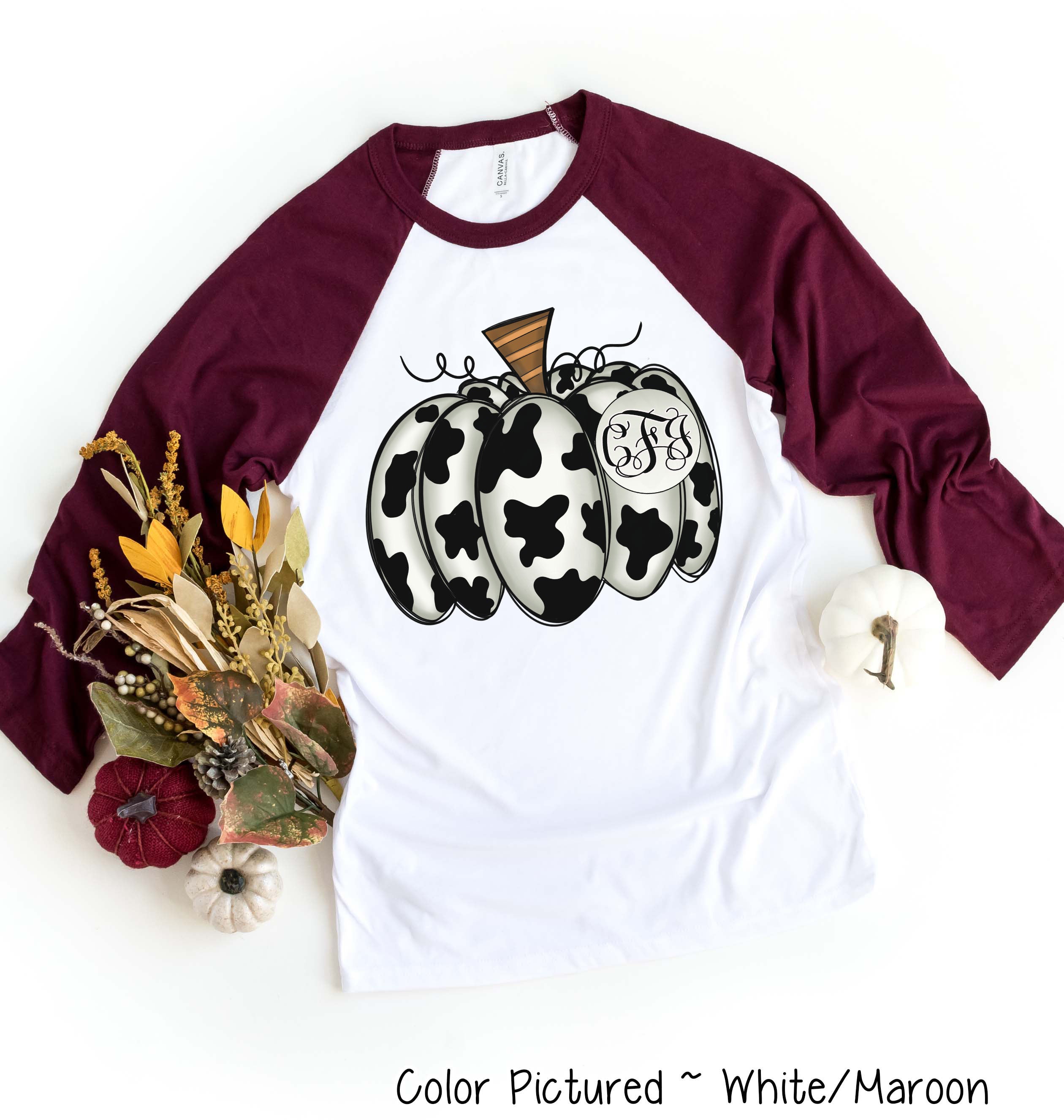 Monogram Cow Hide Pumpkin Fall Raglan Tee