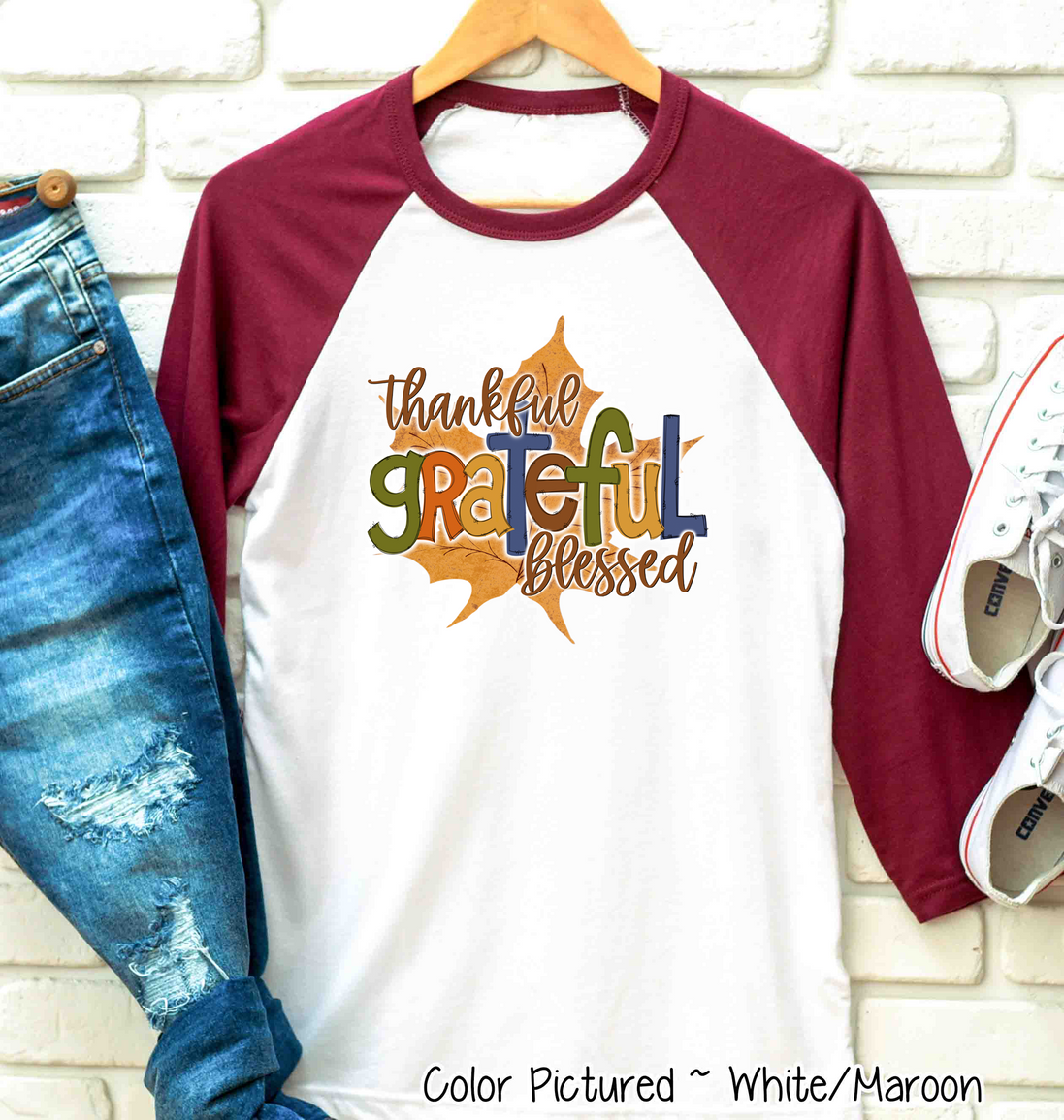 Thankful, Grateful, Blessed Fall Leaf Raglan Tee