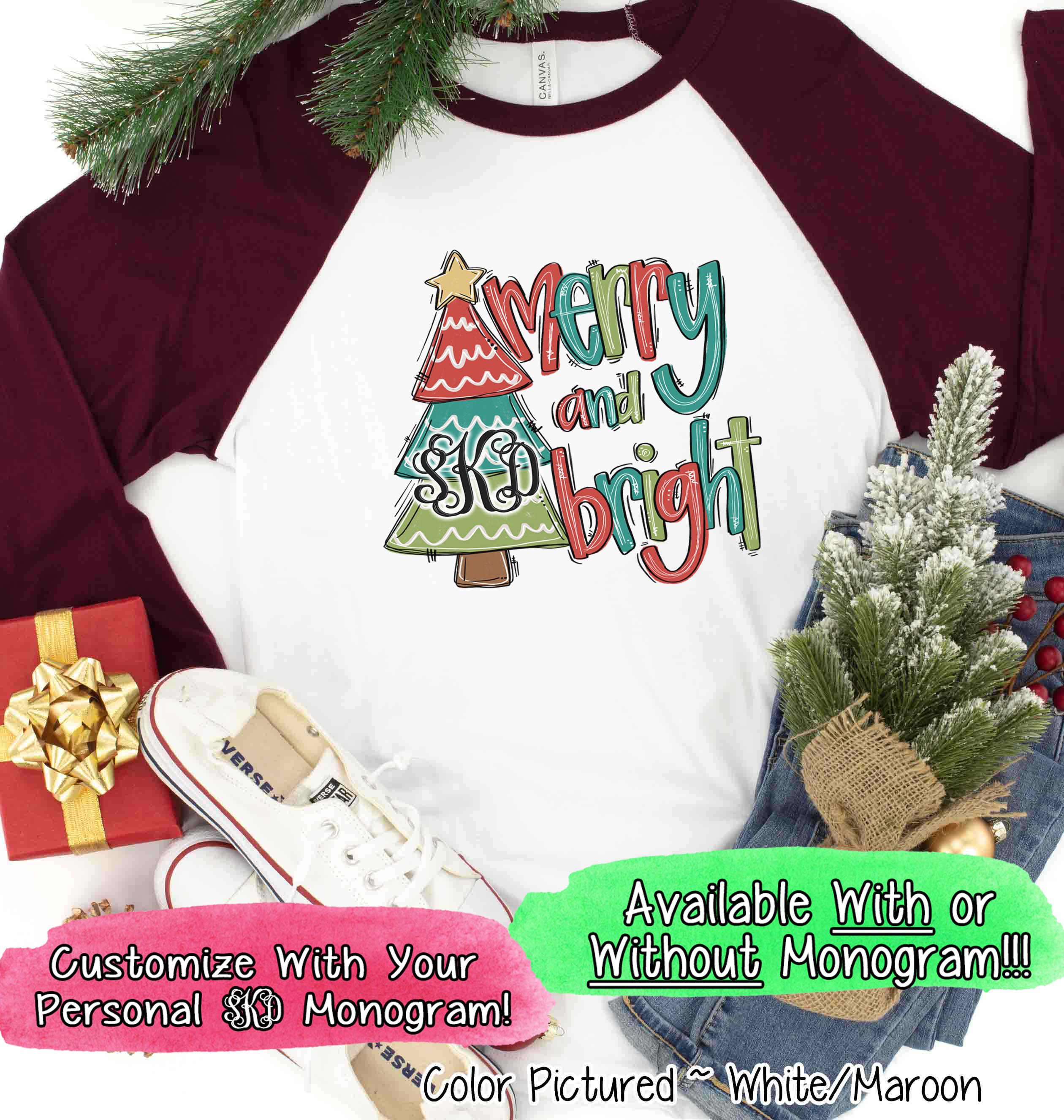 Monogrammed Merry & Bright Christmas Tree Raglan Tee