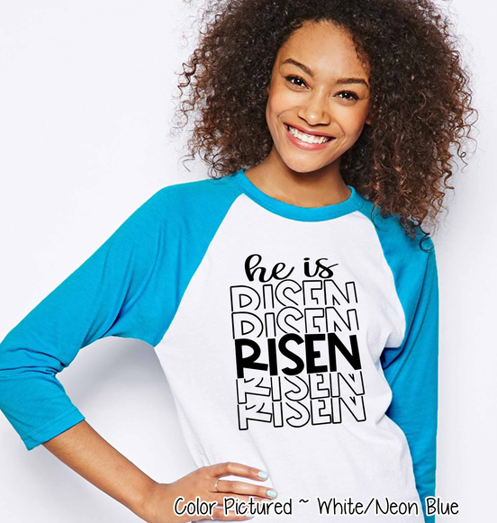 He Is Risen Mirror Print Christian Easter Raglan Tee