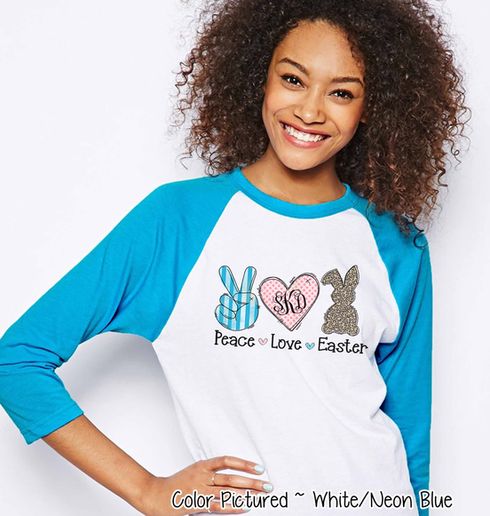 Monogram Peace, Love, Easter Bunny Raglan Tee