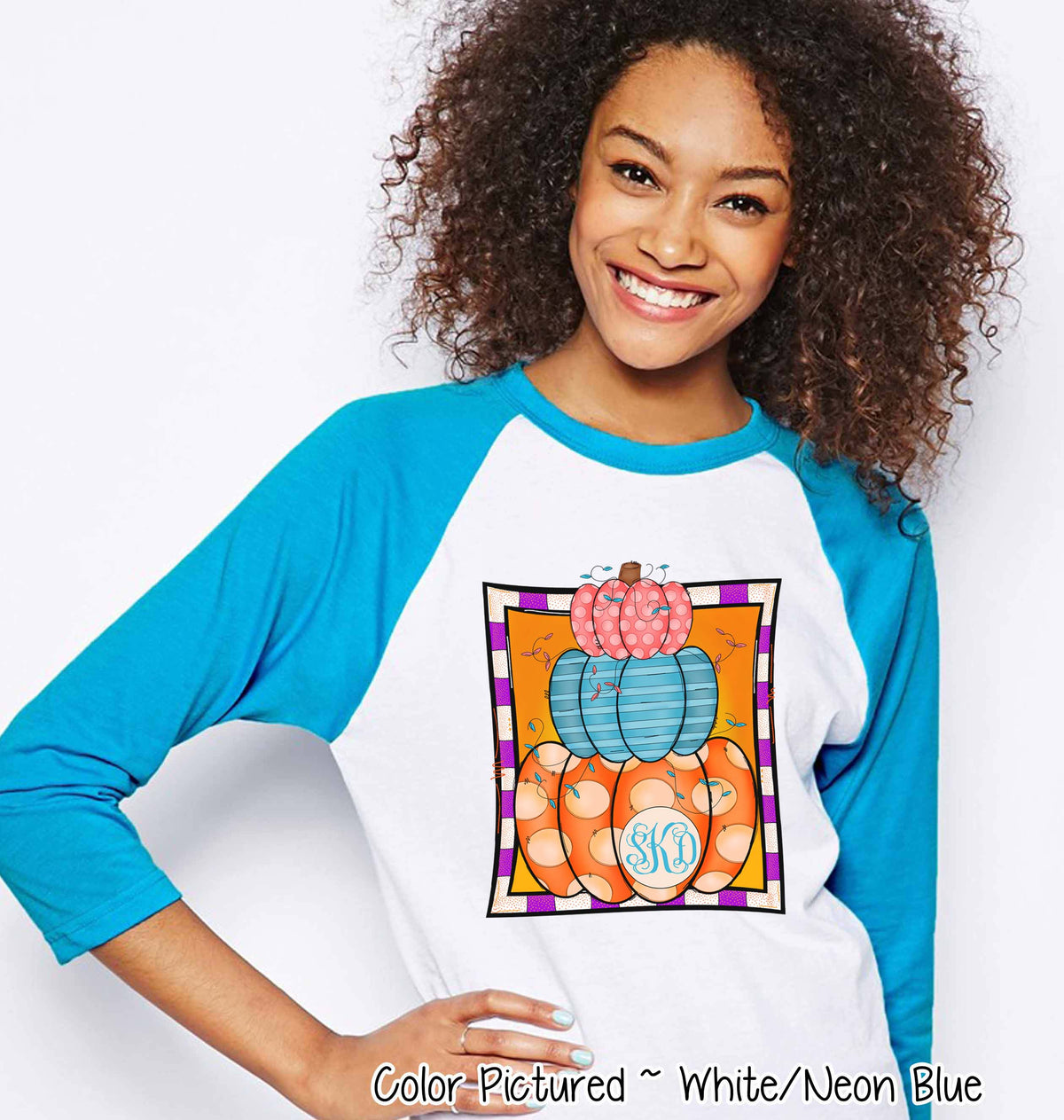 Monogram Colorful Pumpkin Stack Fall Raglan Tee