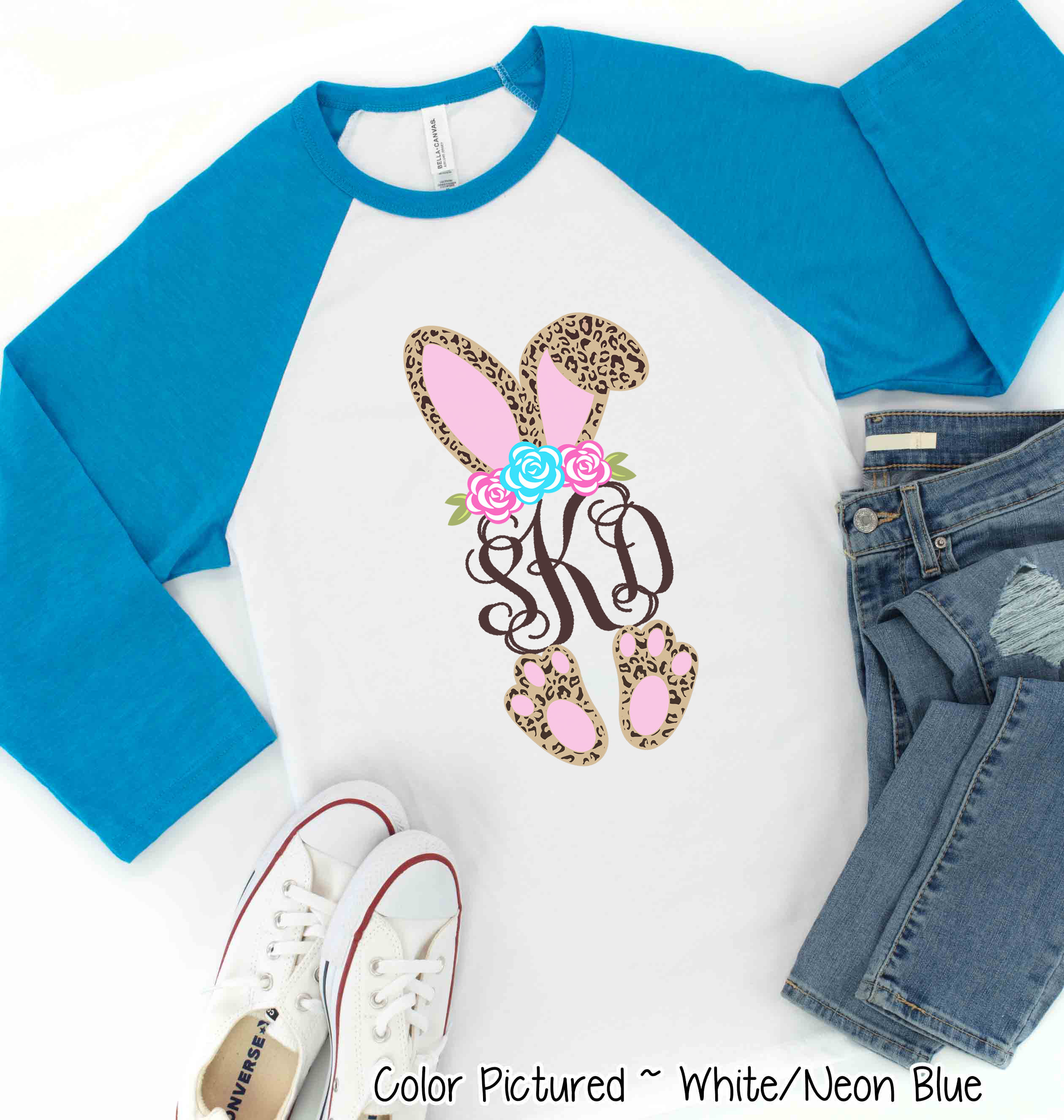 Monogram Cheetah Leopard Print Bunny Ears Easter Raglan Tee