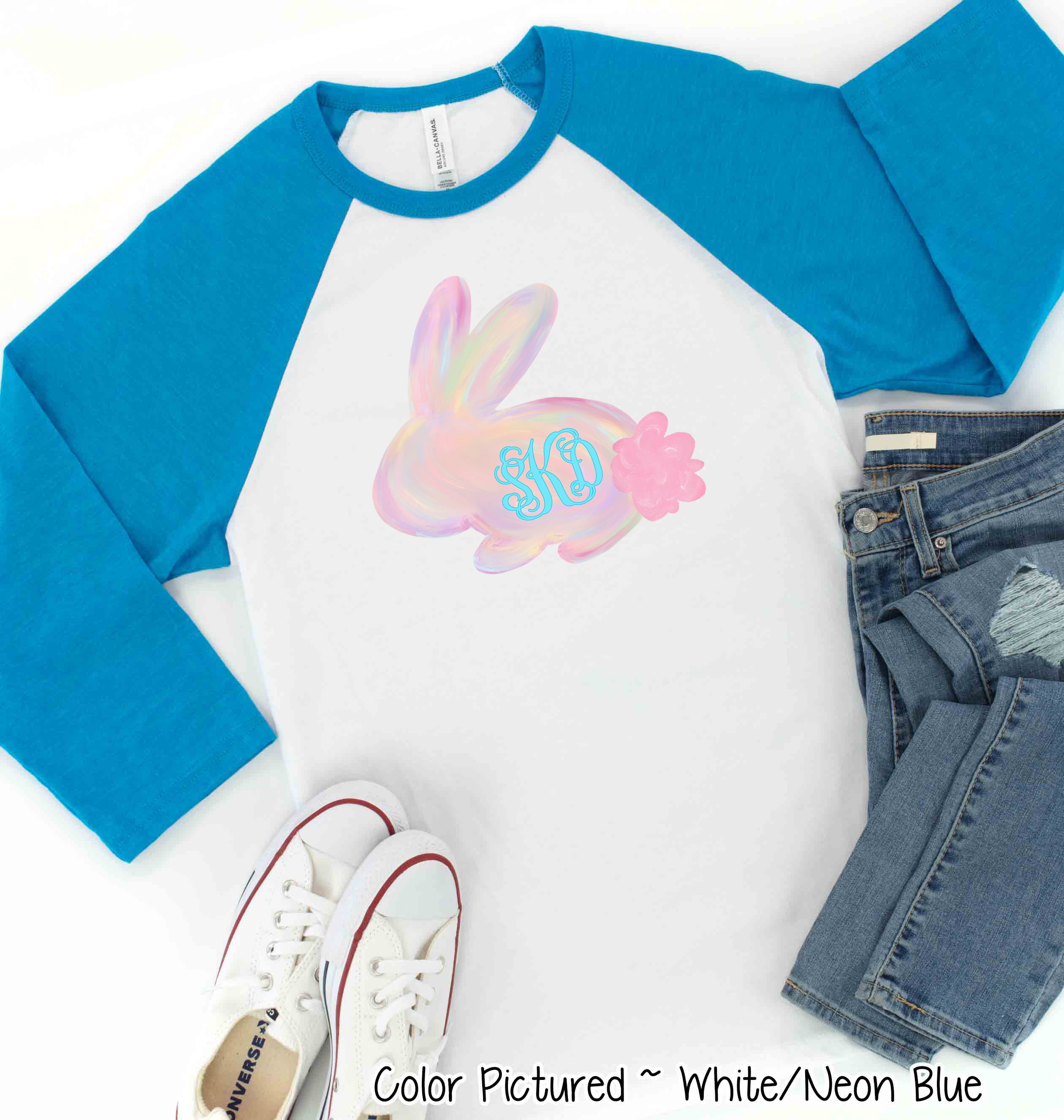 Monogram Watercolor Bunny Easter Raglan Tee