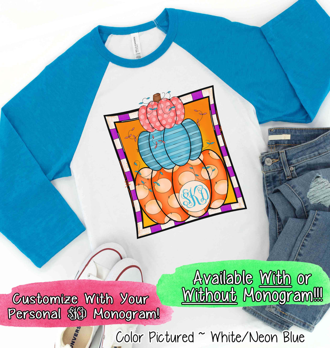 Monogram Colorful Pumpkin Stack Fall Raglan Tee