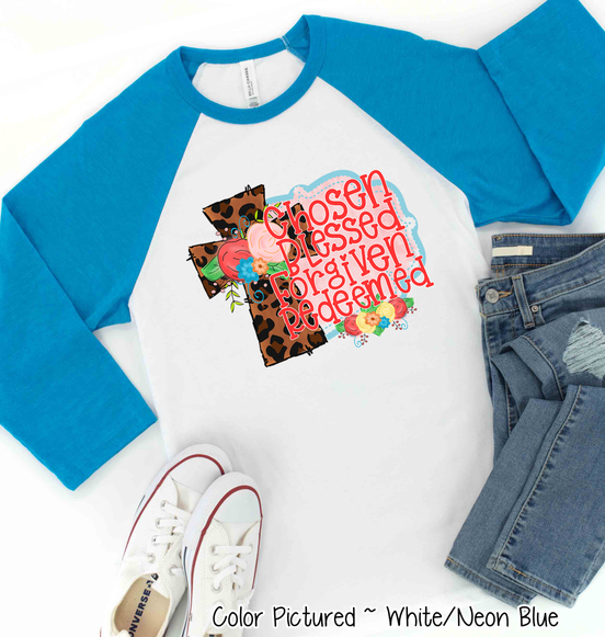 Leopard Cross Chosen Blessed Forgiven Redeemed Raglan Tee