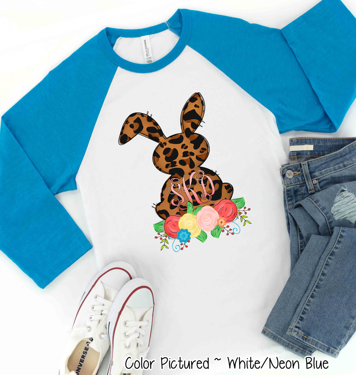 Monogram Leopard Print Easter Bunny Raglan Tee