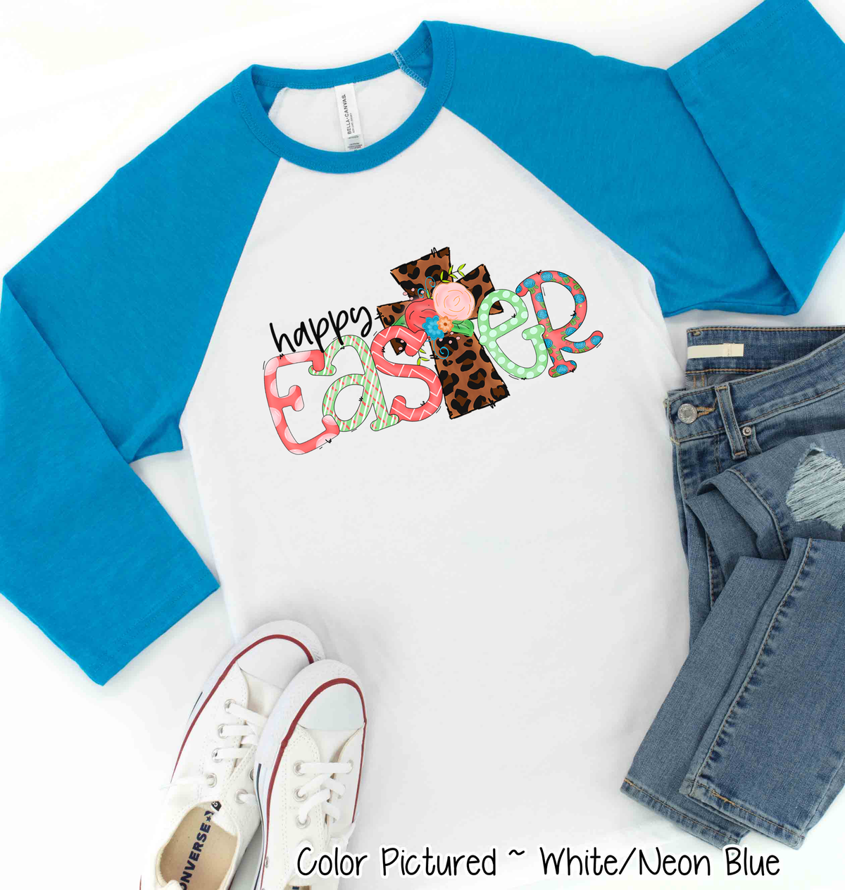 Happy Easter with Leopard Print Cross Raglan Tee