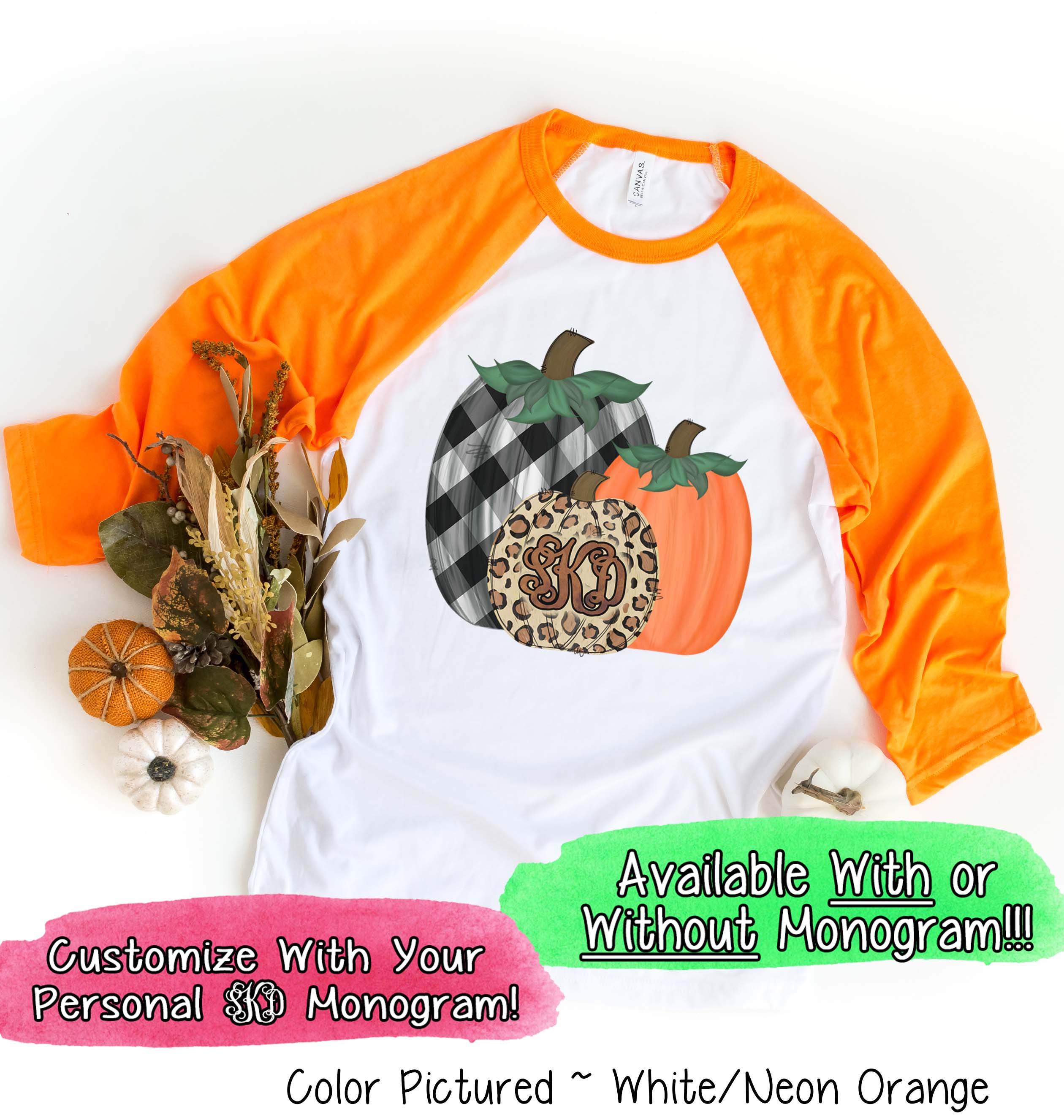 Monogram Plaid Leopard Pumpkin Trio Fall Raglan Tee