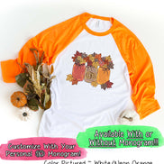 Monogram Autumn Leaves Mason Jars Fall Raglan Tee