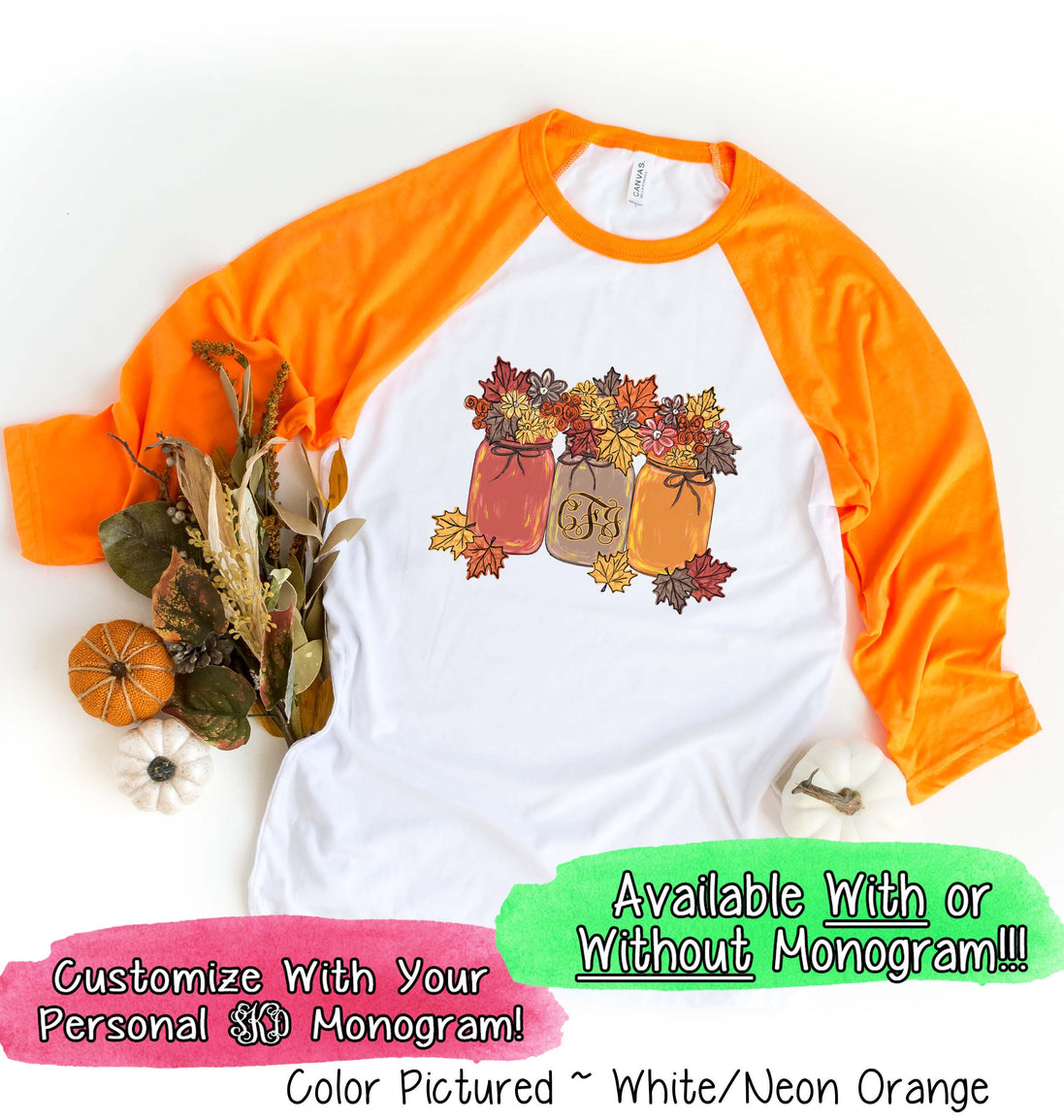 Monogram Autumn Leaves Mason Jars Fall Raglan Tee