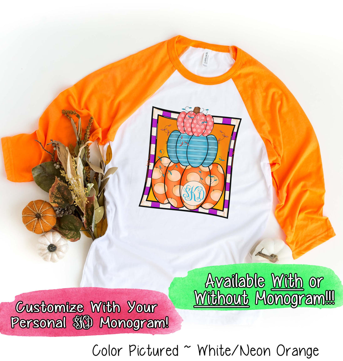Monogram Colorful Pumpkin Stack Fall Raglan Tee