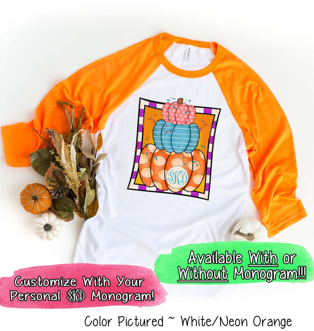 Monogram Colorful Pumpkin Stack Fall Raglan Tee