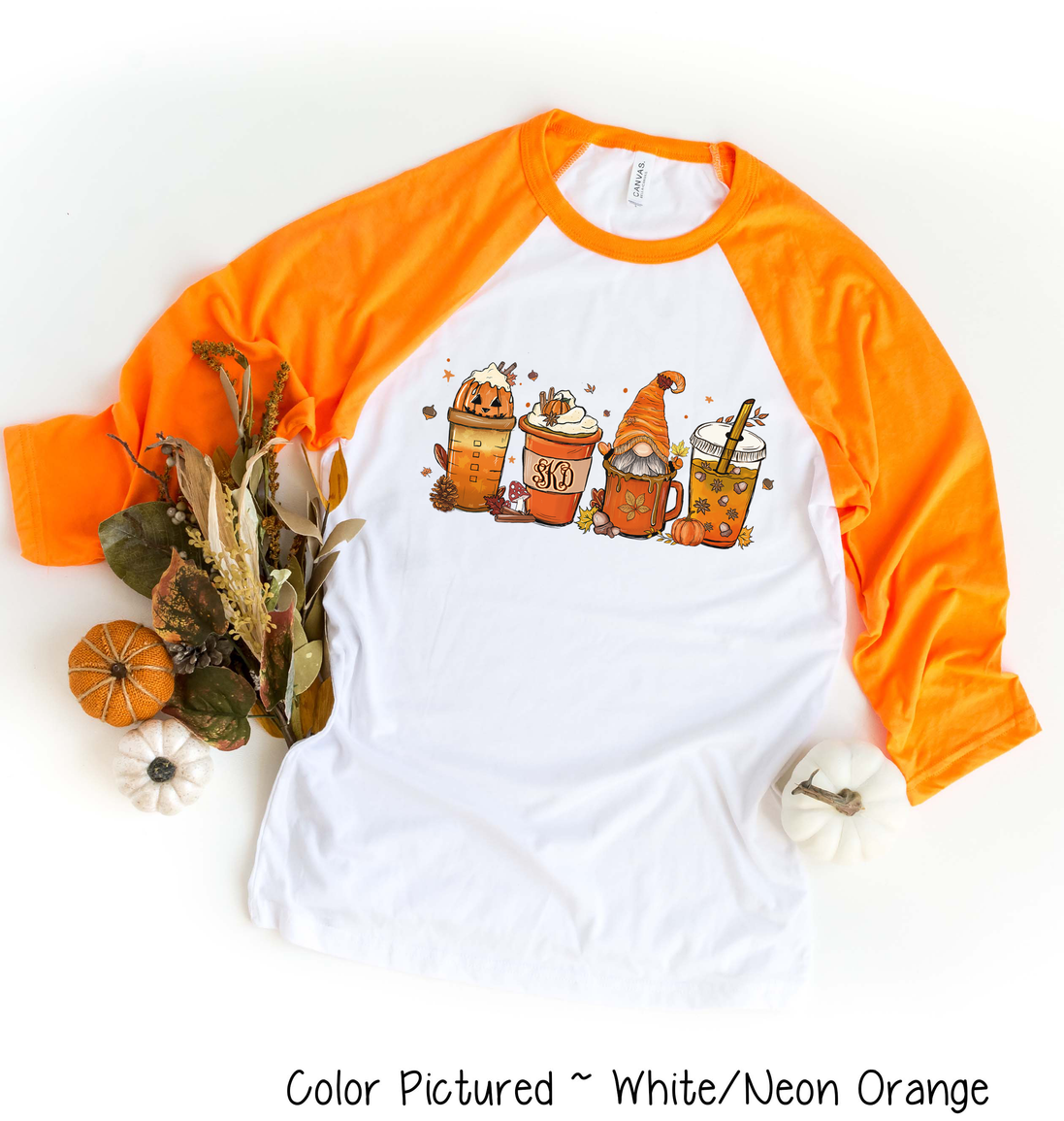 Monogram Gnome Pumpkin Spice Latte Coffee Fall Raglan Tee
