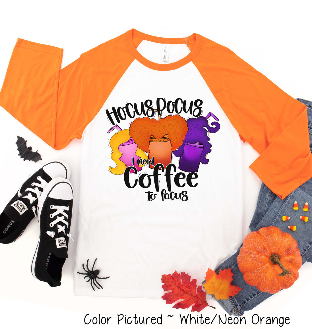Hocus Pocus I Need Coffee to Focus Funny Halloween Raglan Tee