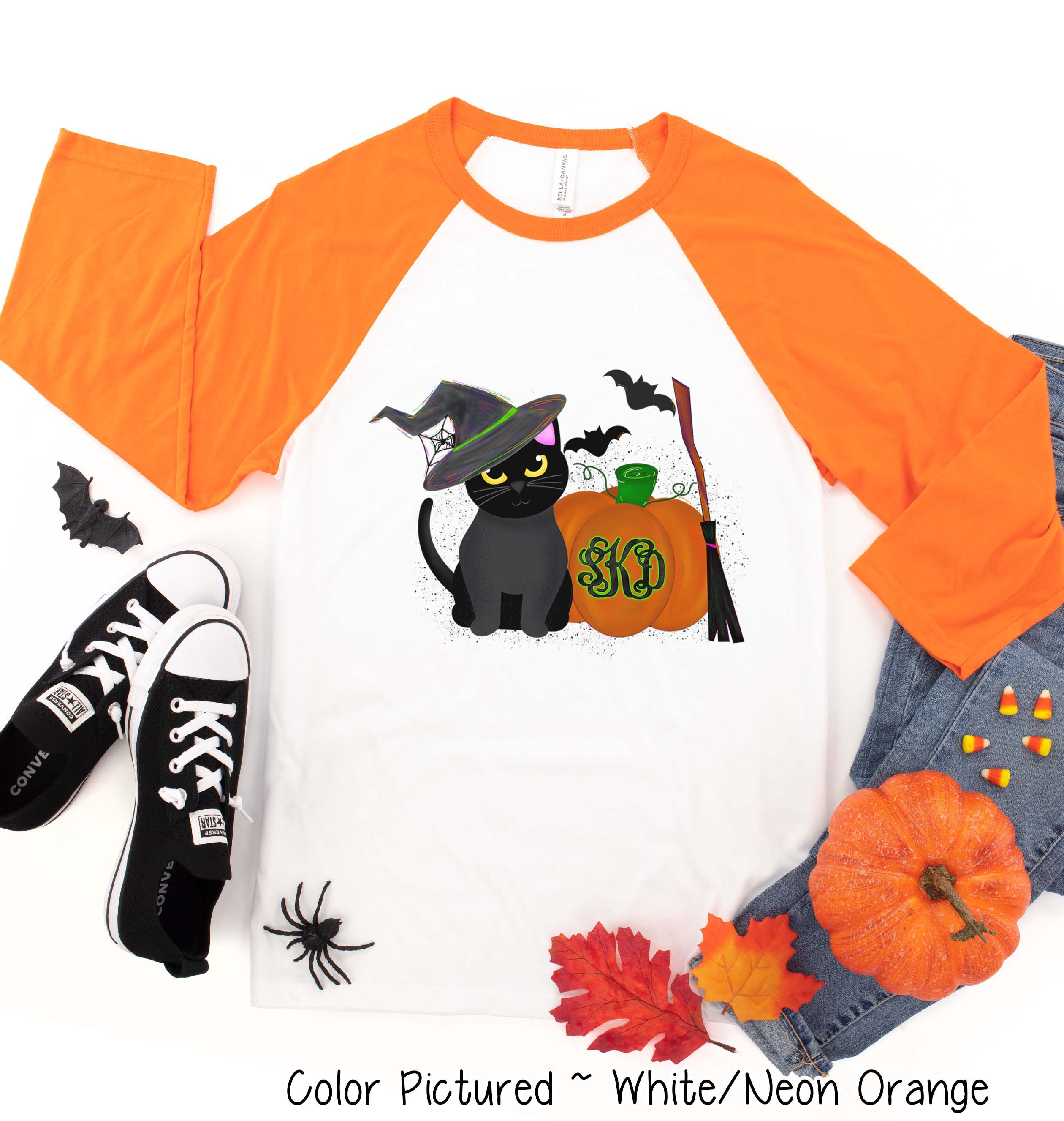 Monogram Black Cat & Pumpkin Halloween Raglan Tee