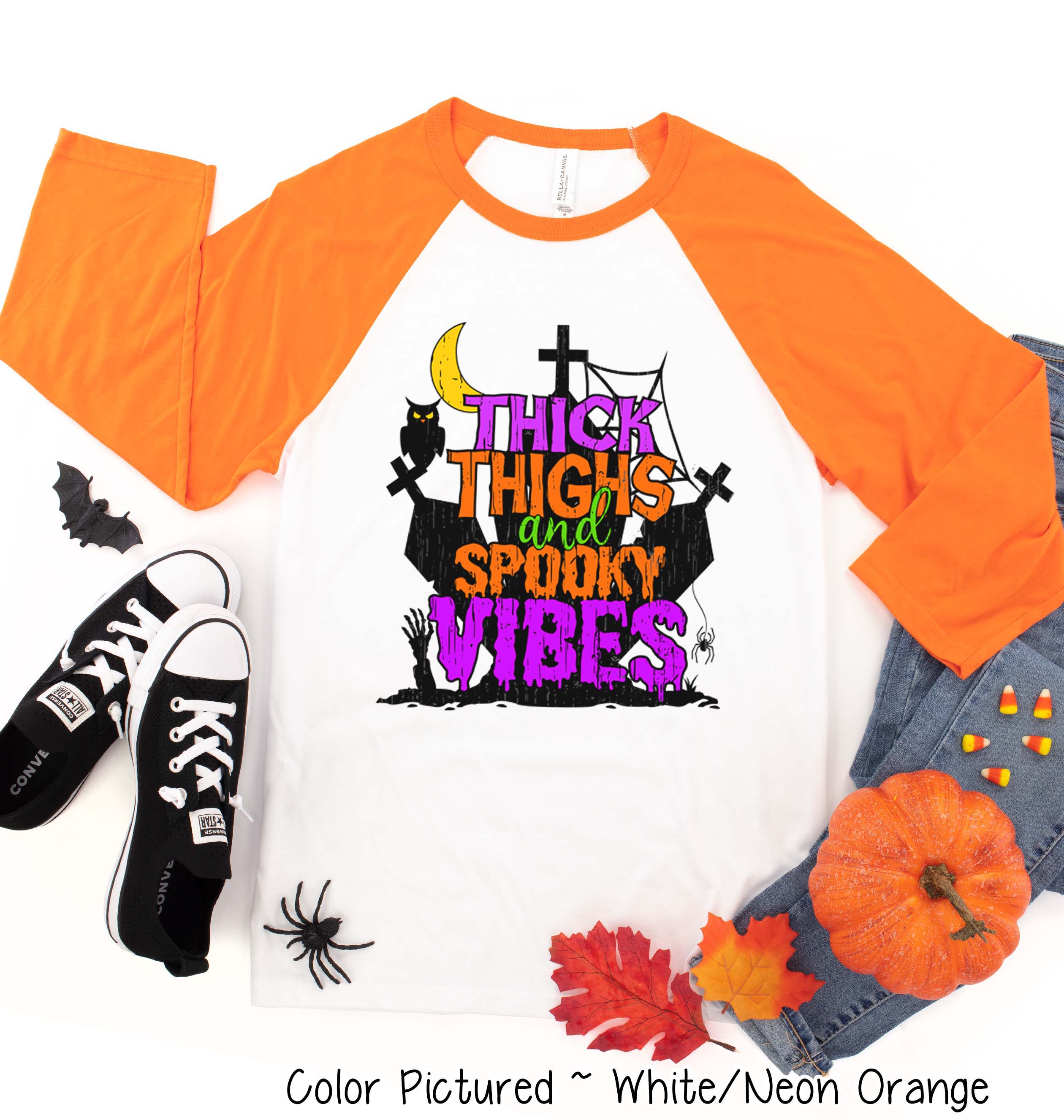 Thick Thighs and Spooky Vibes Halloween Raglan Tee