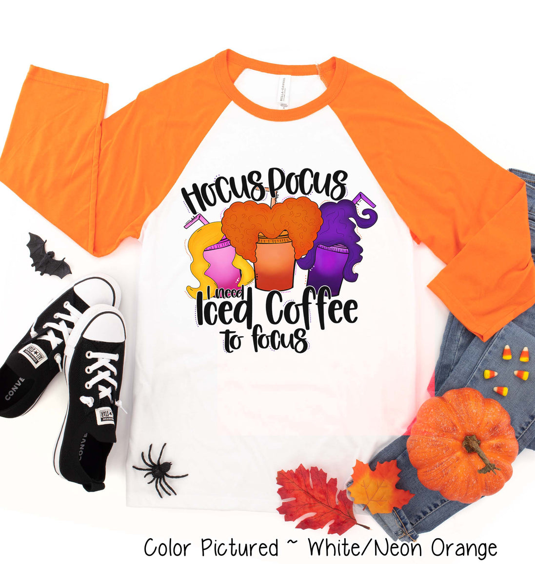 Hocus Pocus I Need Iced Coffee to Focus Halloween Raglan Tee