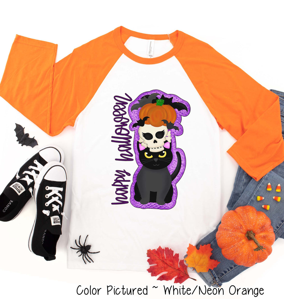 Happy Halloween Cat Pumpkin Halloween Raglan Tee