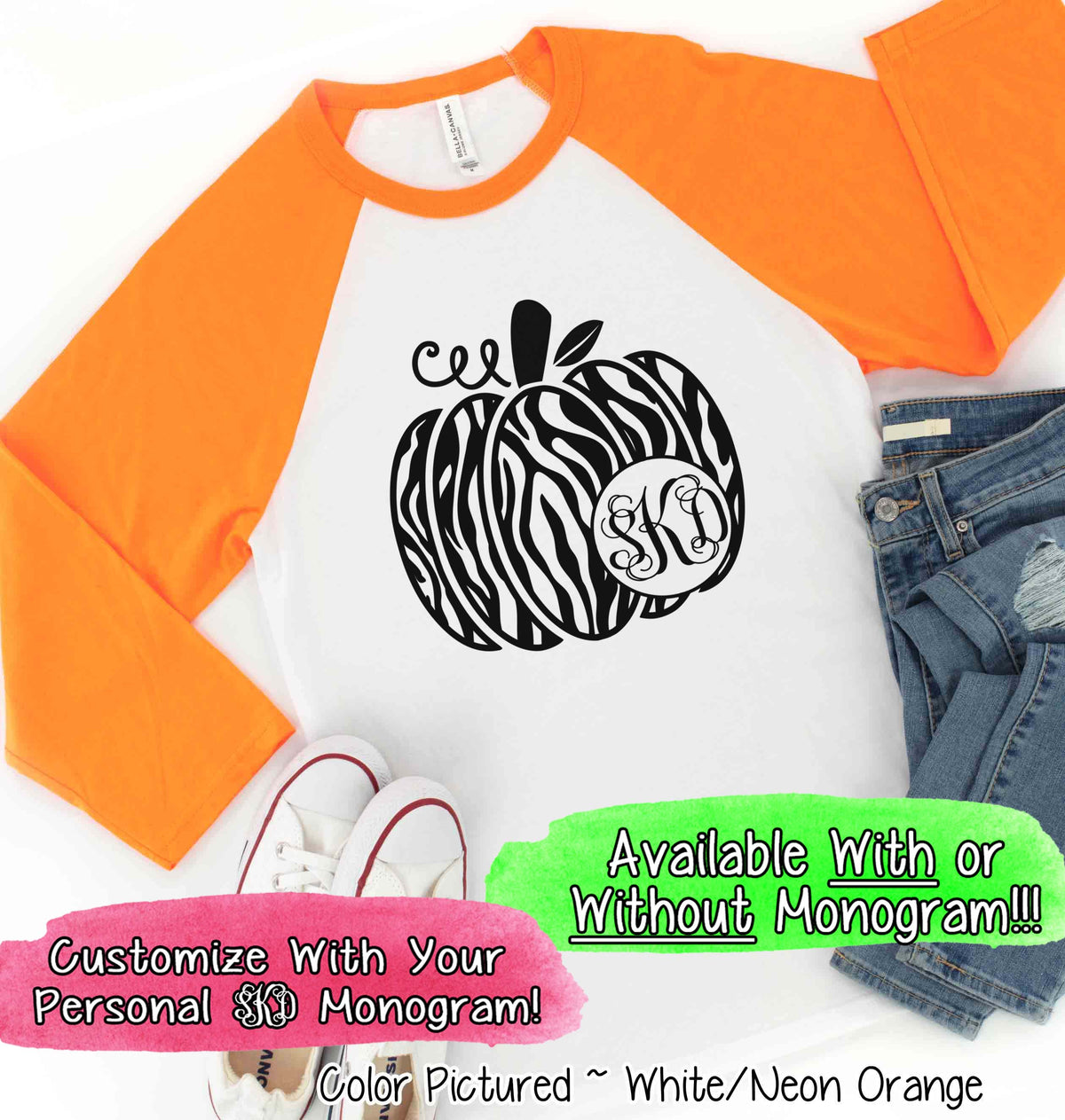 Monogram Zebra Print Fall Pumpkin Raglan Tee