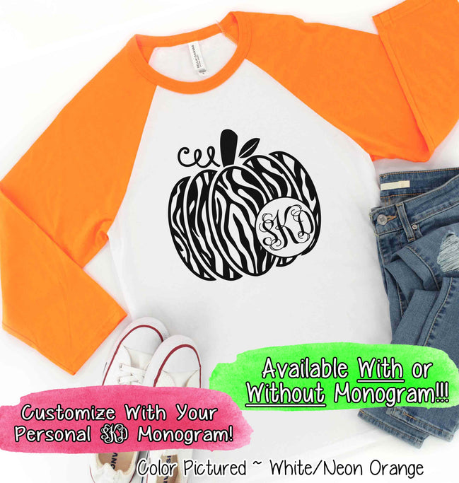 Monogram Zebra Print Fall Pumpkin Raglan Tee