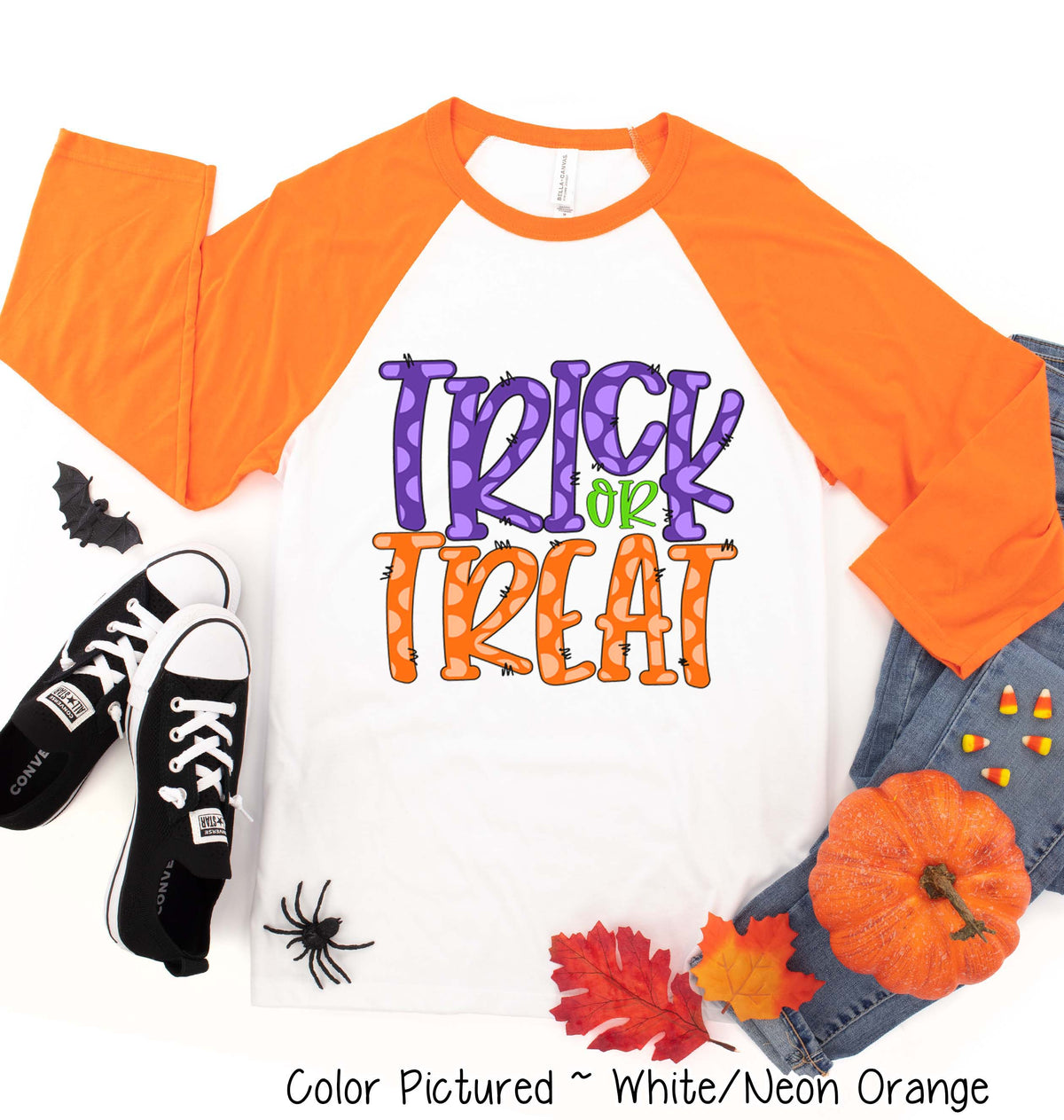 Trick or Treat Doodle Letter Halloween Raglan Tee