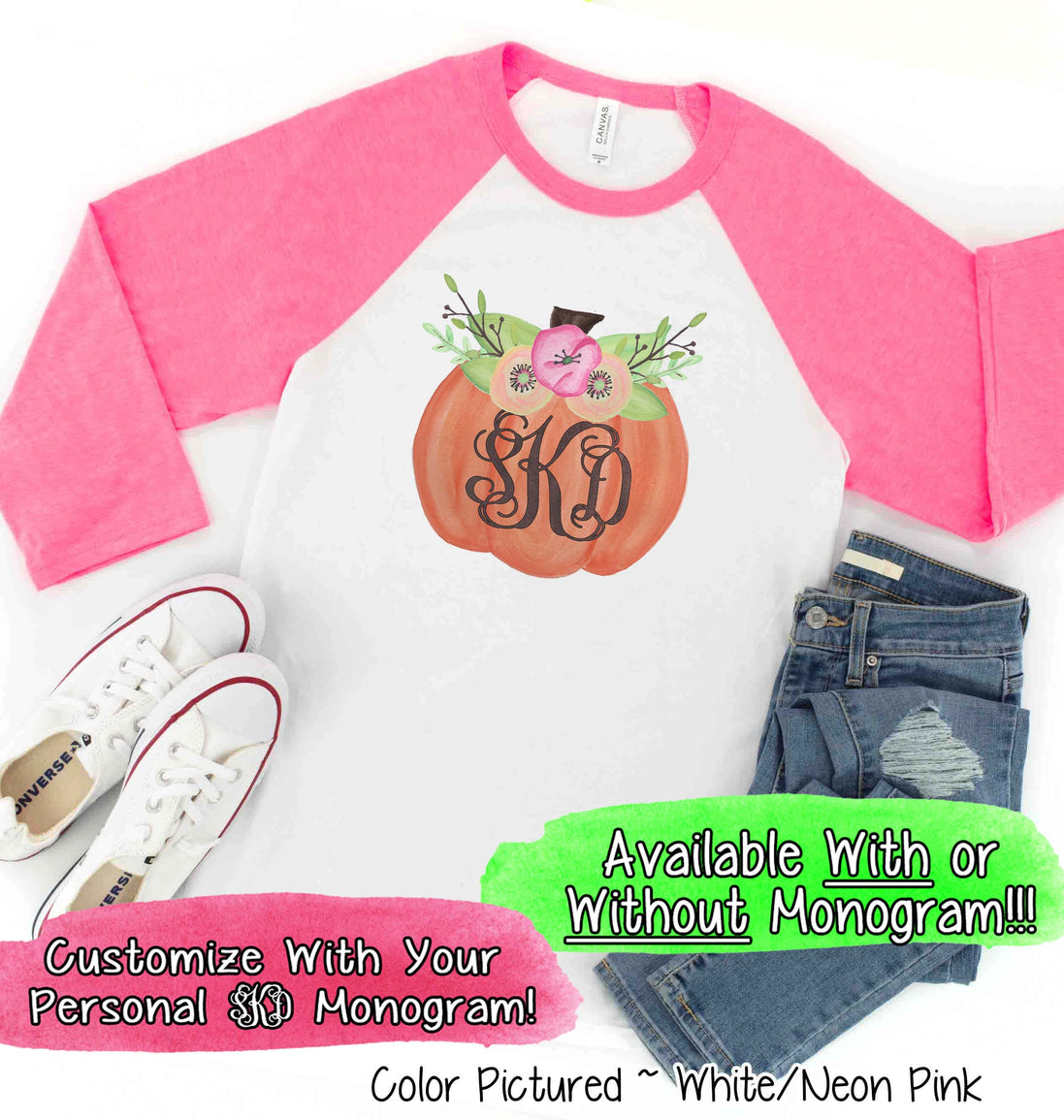 Floral Pumpkin Monogram Fall Raglan