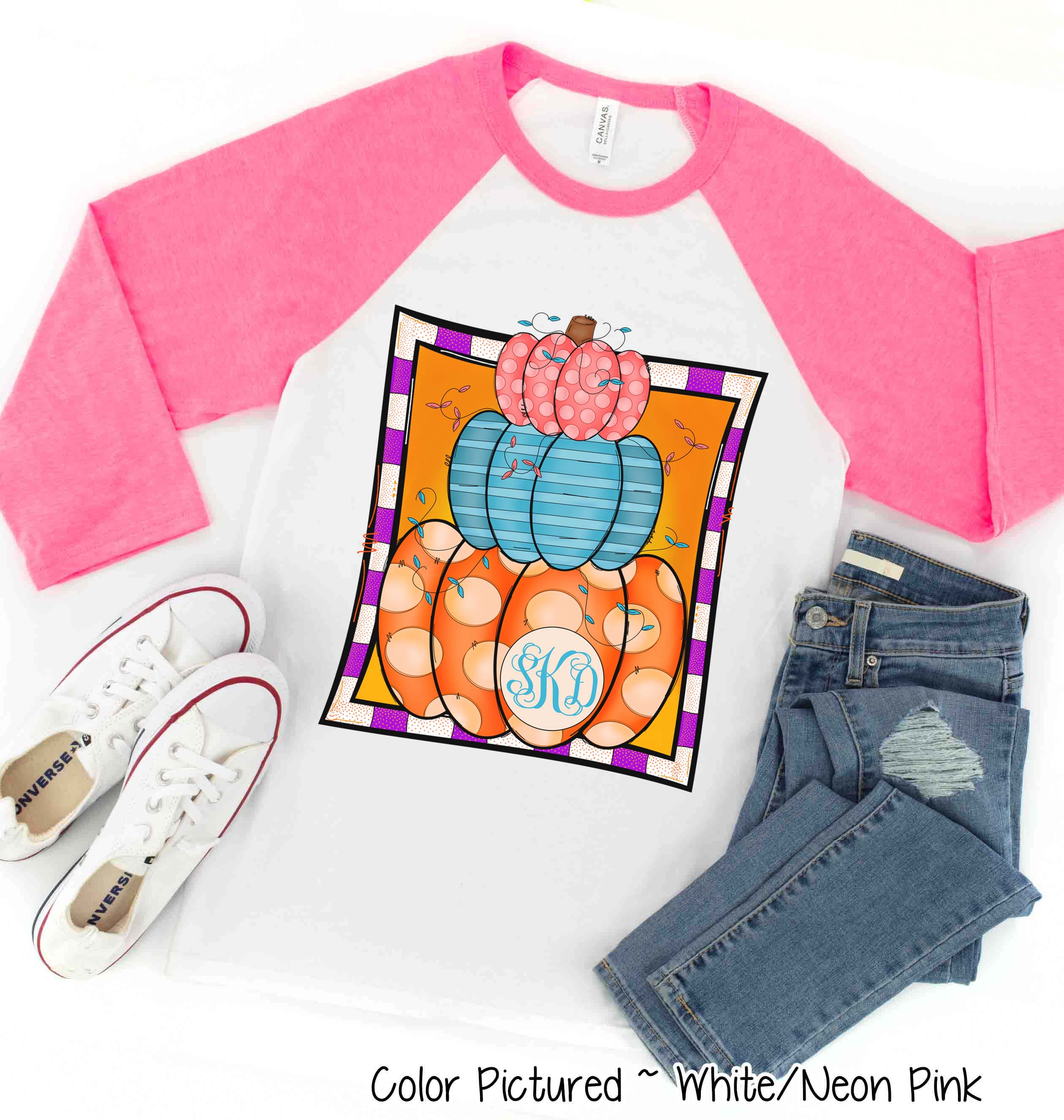 Monogram Colorful Pumpkin Stack Fall Raglan Tee